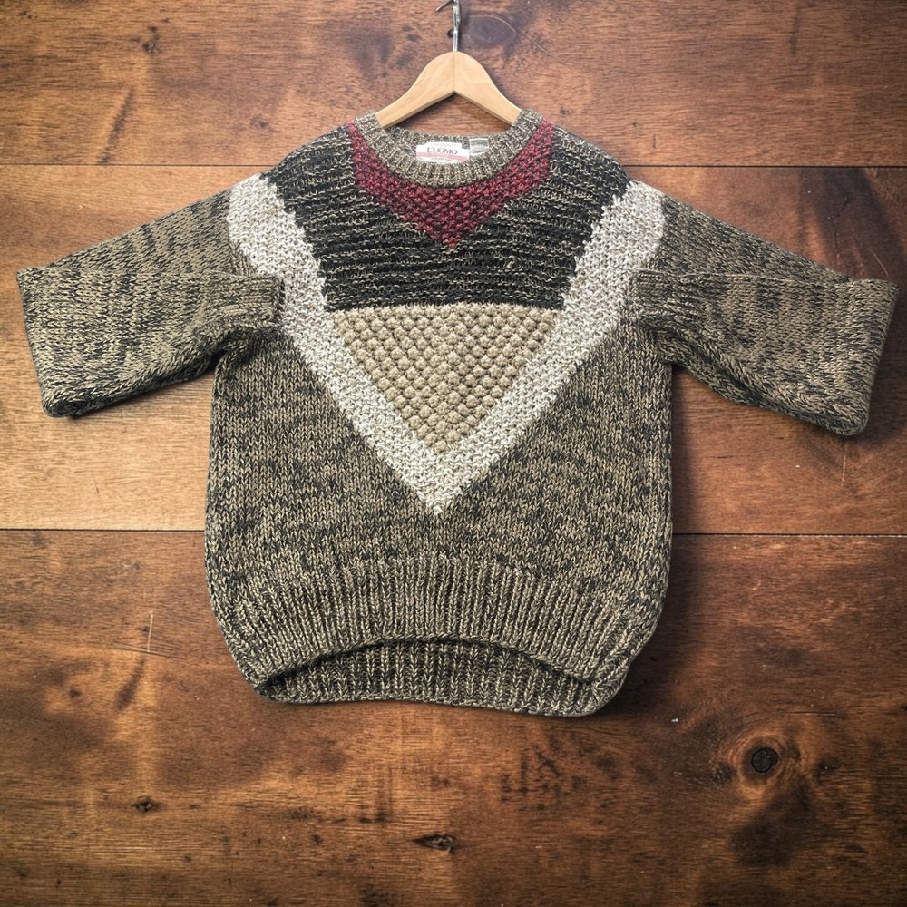 Vintage 80s L'Uomo Handknit Chevron Popcorn Stitch Cosby Sweater Mens L Brown